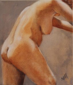 oil painting of a woman side view bending at the waist